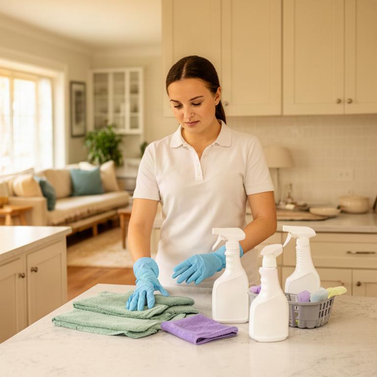 Cleaner preparing supplies in a tidy Lancaster home