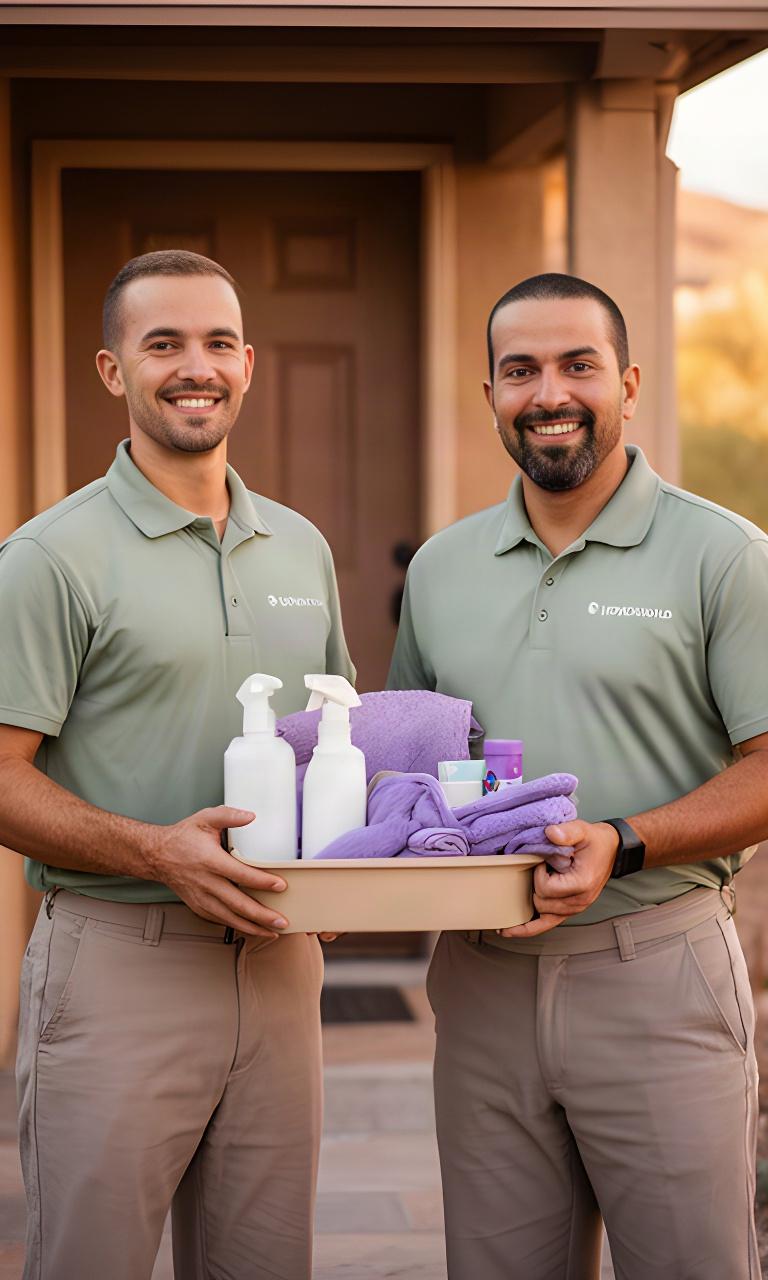Two uniformed cleaning professionals preparing supplies outside a Lancaster home