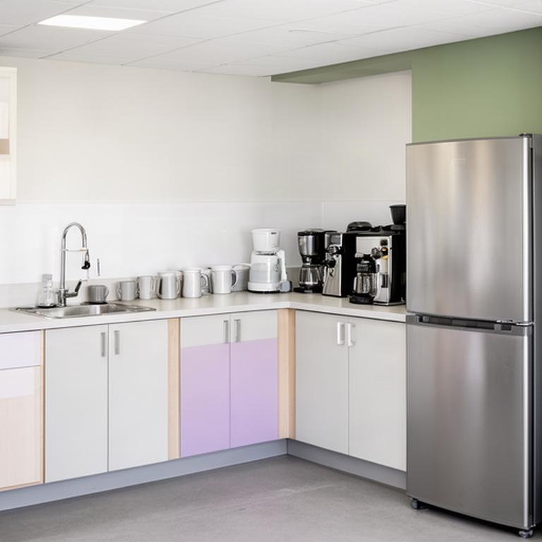 Neat commercial breakroom with sanitized counters and clean stainless steel appliances