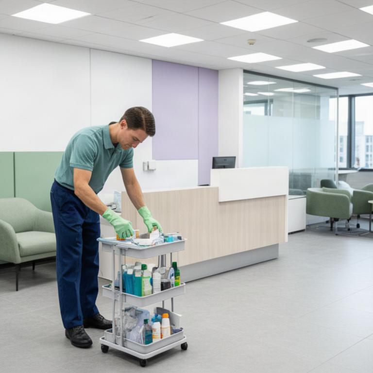 Cleaner preparing supplies in a tidy Lancaster commercial office reception