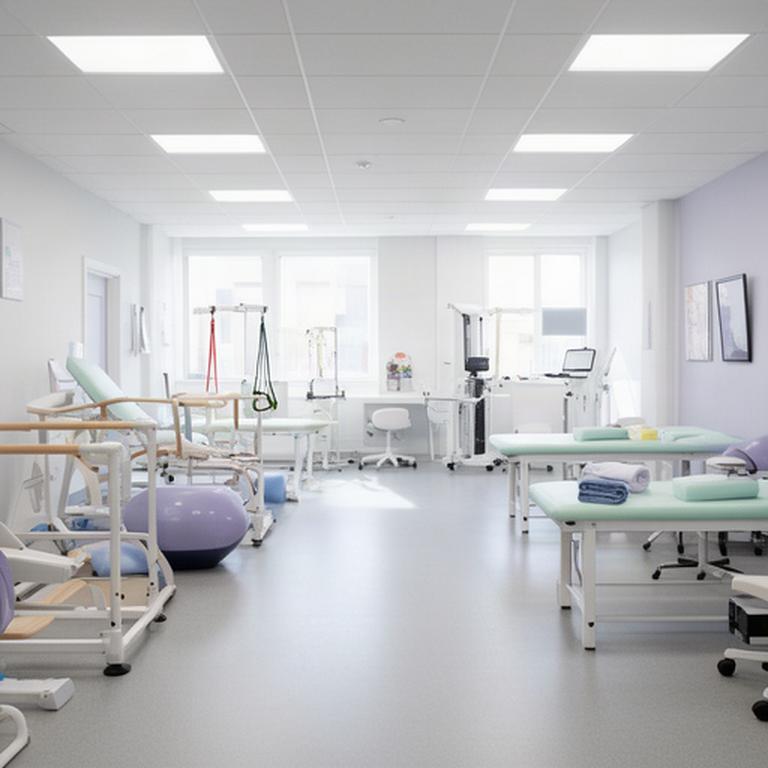 Clean physical therapy clinic with sanitised equipment and uncluttered treatment areas