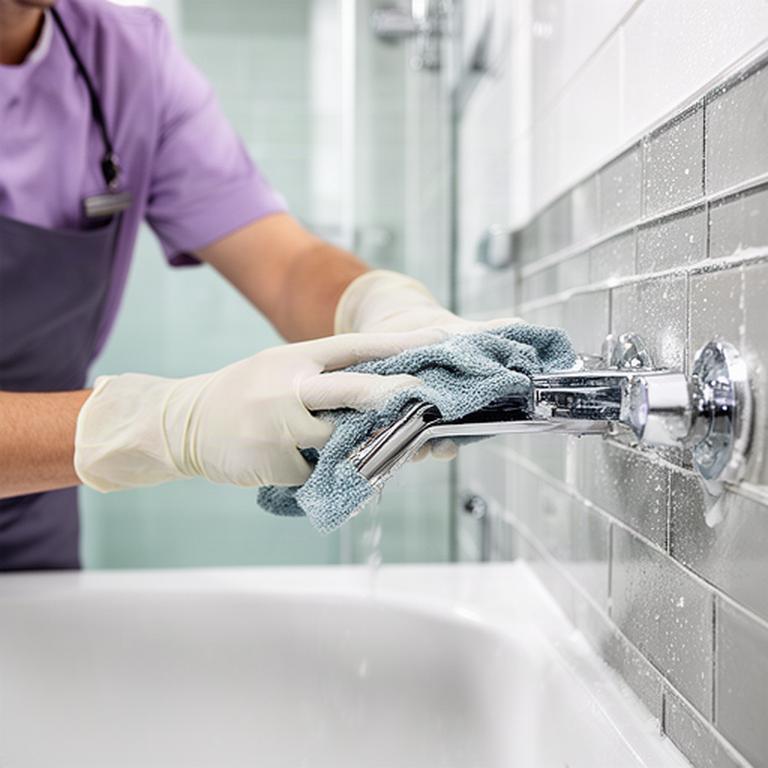 Close detail of a cleaner scrubbing tile and fixtures in a modern bathroom