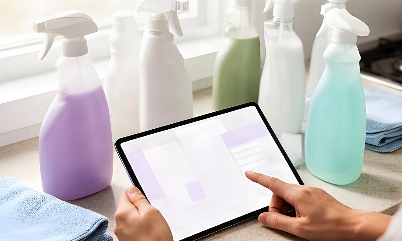 Customer entering contact details on a tablet beside cleaning supplies