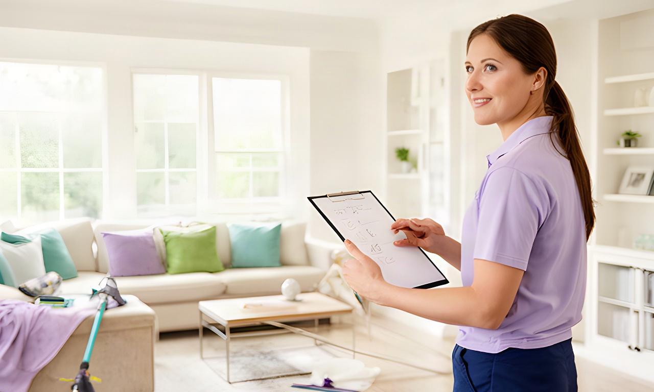 Cleaner reviewing a service checklist at a bright Lancaster home